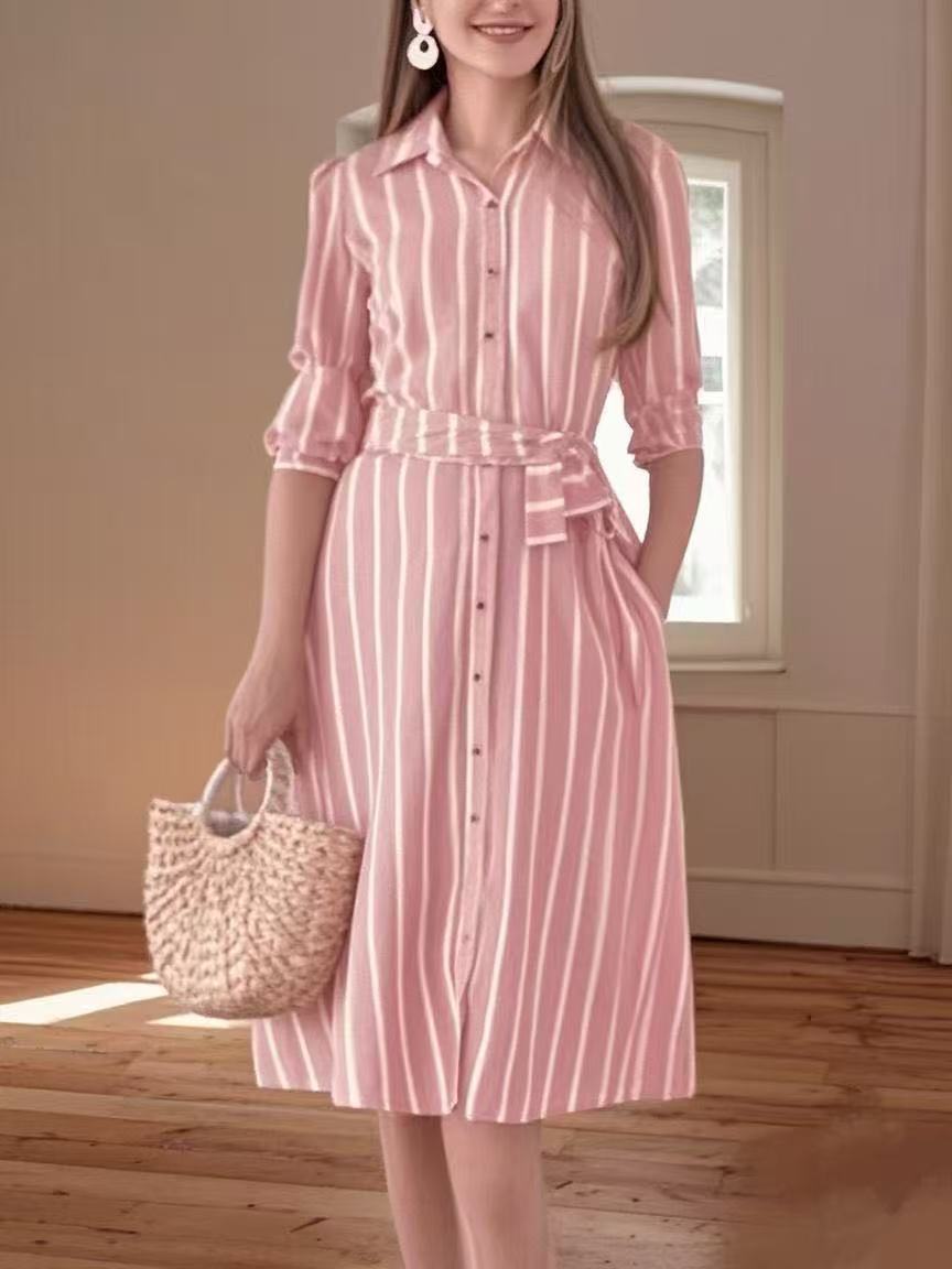 Robe Chemise d’Été à Rayures – Élégance Décontractée en Grande Taille
