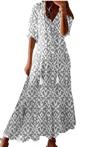 Robe Longue Bohème à Imprimé Floral – Manches Longues & Col V