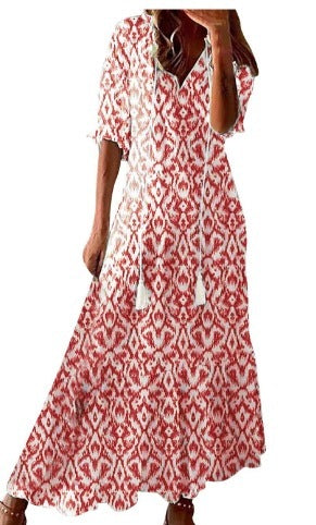 Robe Longue Bohème à Imprimé Floral – Manches Longues & Col V