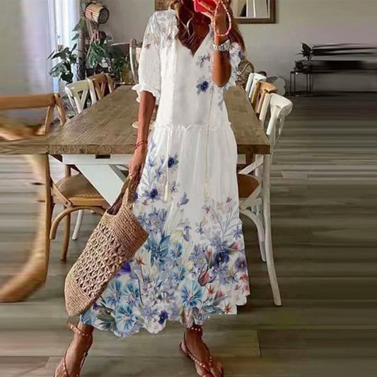 Robe Longue Bohème à Imprimé Floral – Manches Longues & Col V