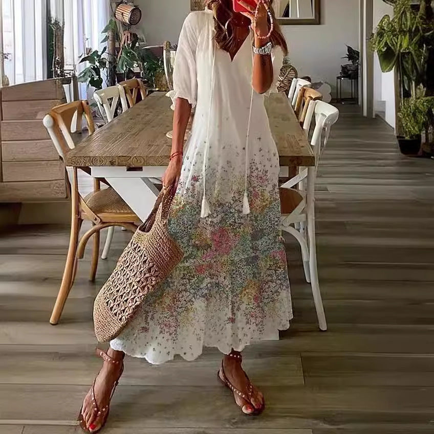Robe Longue Bohème à Imprimé Floral – Manches Longues & Col V