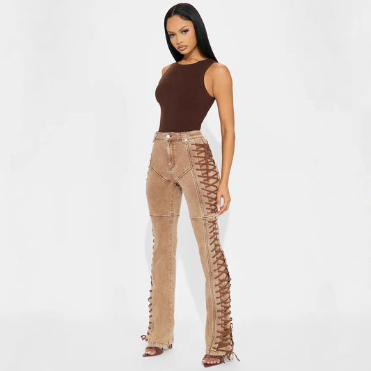 Jean Bandage Femme à Lacets – Tendance Streetwear