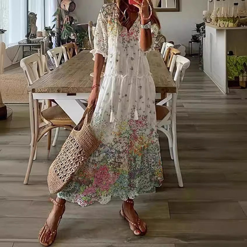 Robe Longue Bohème à Imprimé Floral – Manches Longues & Col V