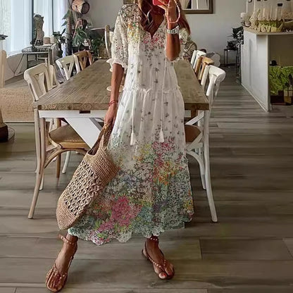 Robe Longue Bohème à Imprimé Floral – Manches Longues & Col V