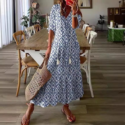 Robe Longue Bohème à Imprimé Floral – Manches Longues & Col V