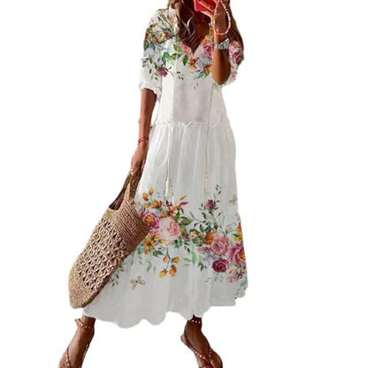 Robe Longue Bohème à Imprimé Floral – Manches Longues & Col V