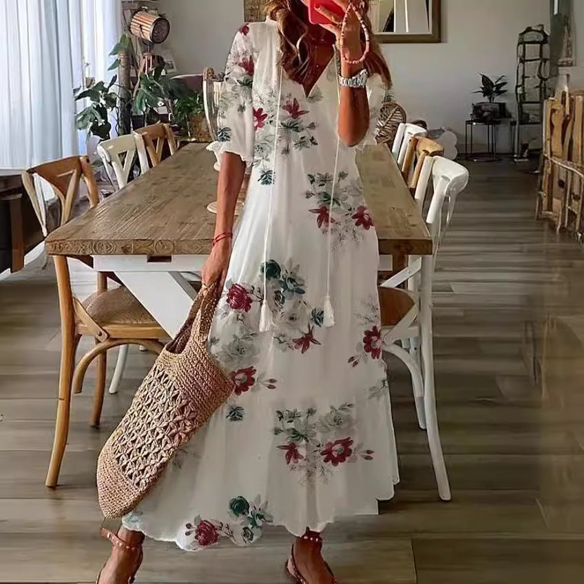 Robe Longue Bohème à Imprimé Floral – Manches Longues & Col V