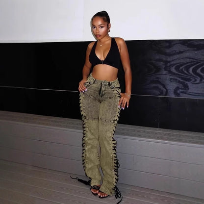 Jean Bandage Femme à Lacets – Tendance Streetwear