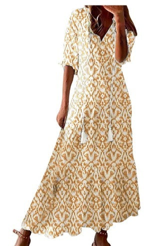 Robe Longue Bohème à Imprimé Floral – Manches Longues & Col V